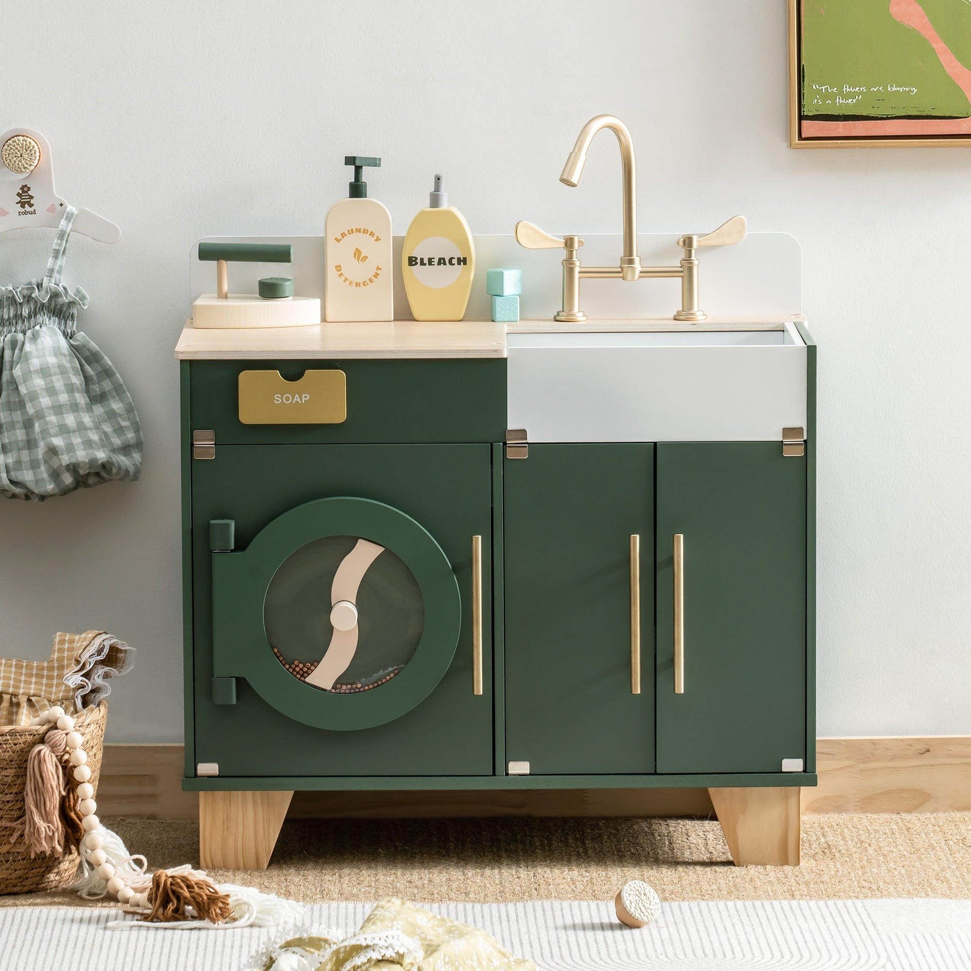 Vintage Green Wooden Toy Kitchen Set