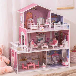 Wooden Dollhouse for Kids with 24pcs Furniture Preschool