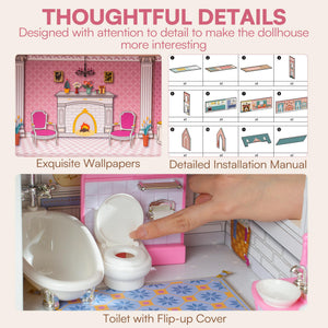 Wooden Dollhouse for Kids with 24pcs Furniture Preschool