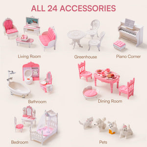 Wooden Dollhouse for Kids with 24pcs Furniture Preschool