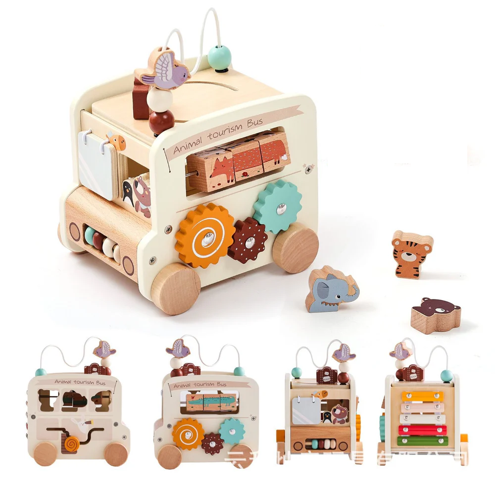 Montessori 5-in-1 Wooden Activity Bus Toy