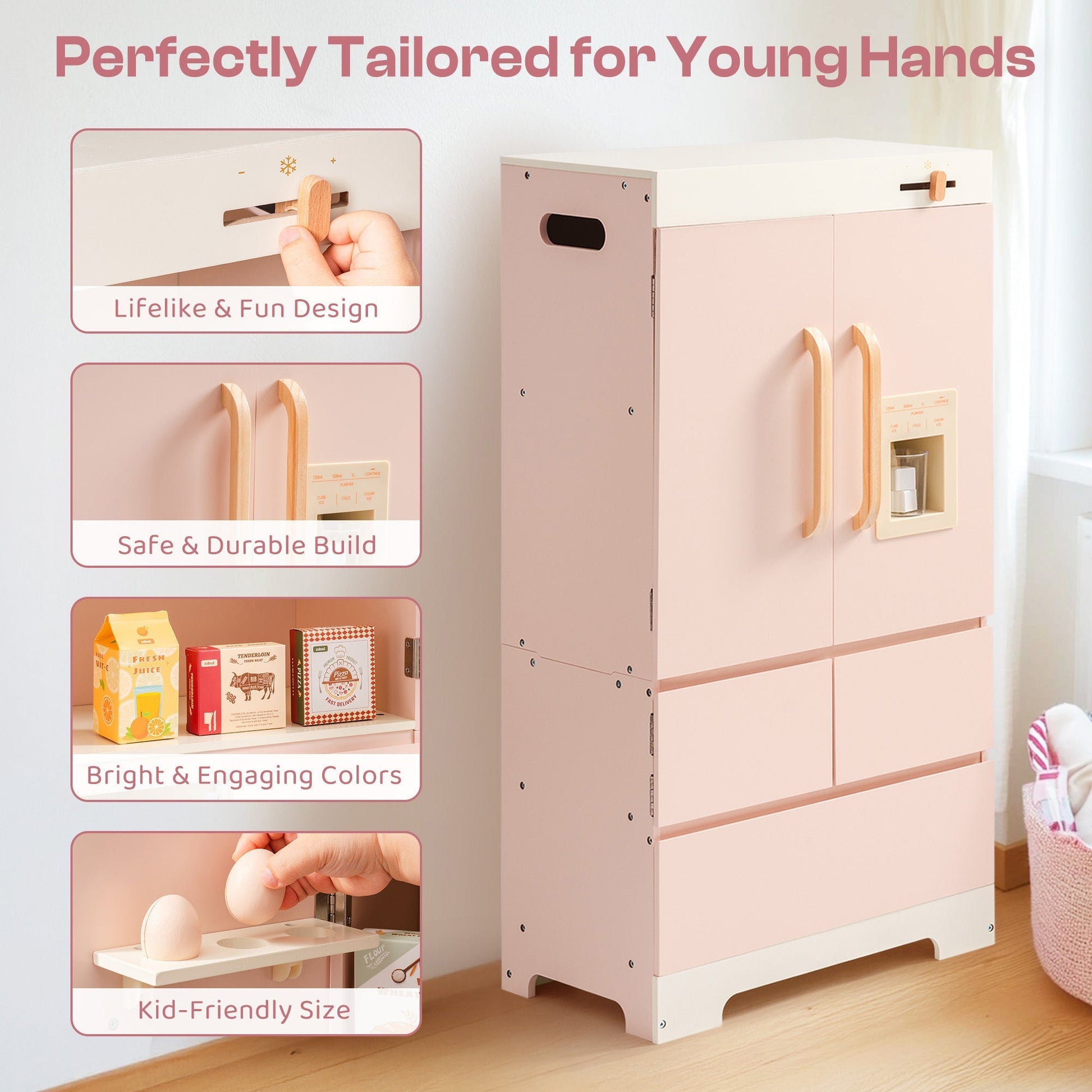 Wooden Pink Toy Refrigerator for Kids