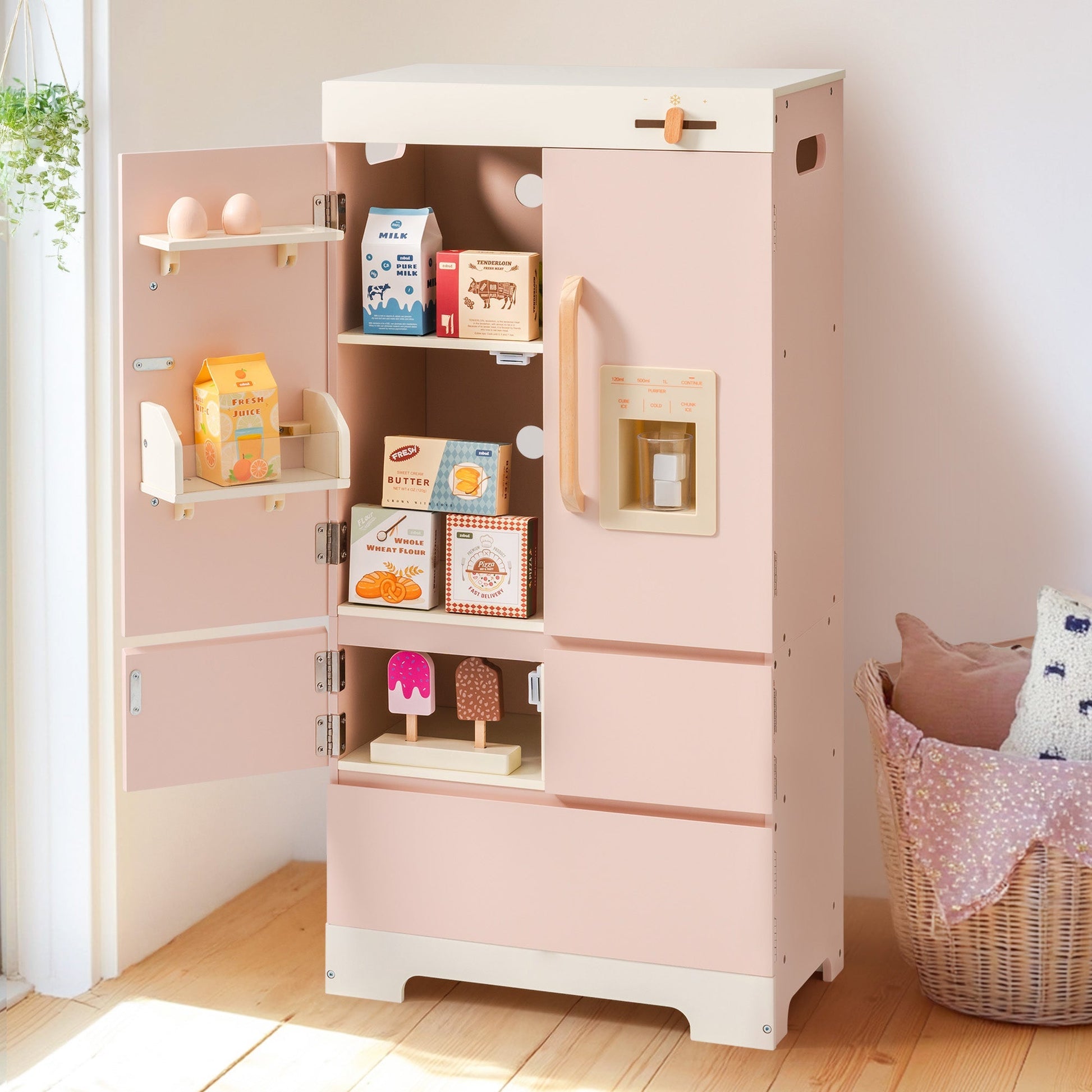 Wooden Pink Toy Refrigerator for Kids