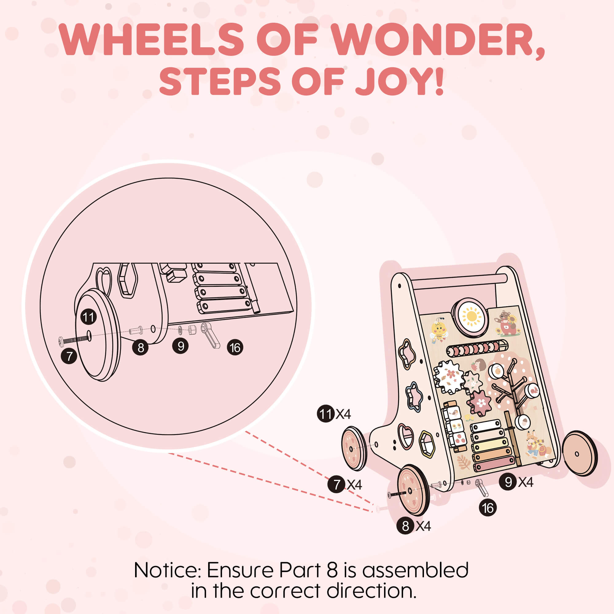 Pink Wooden Baby Walker
