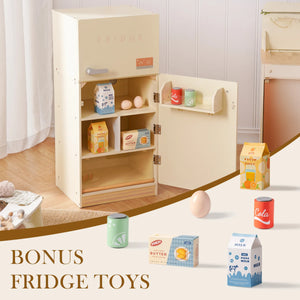 Creamy Wooden Kids Play Kitchen Fridge