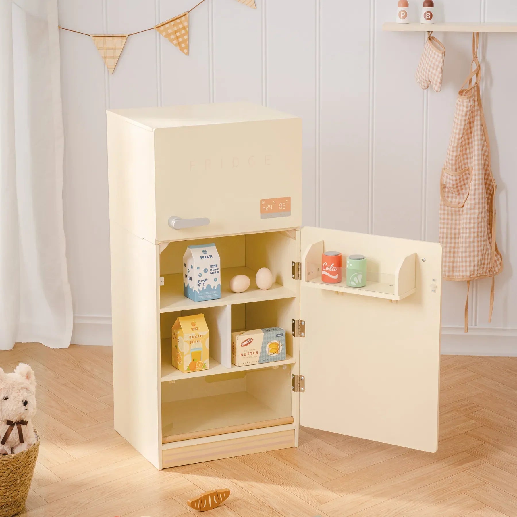 Creamy Wooden Kids Play Kitchen Fridge