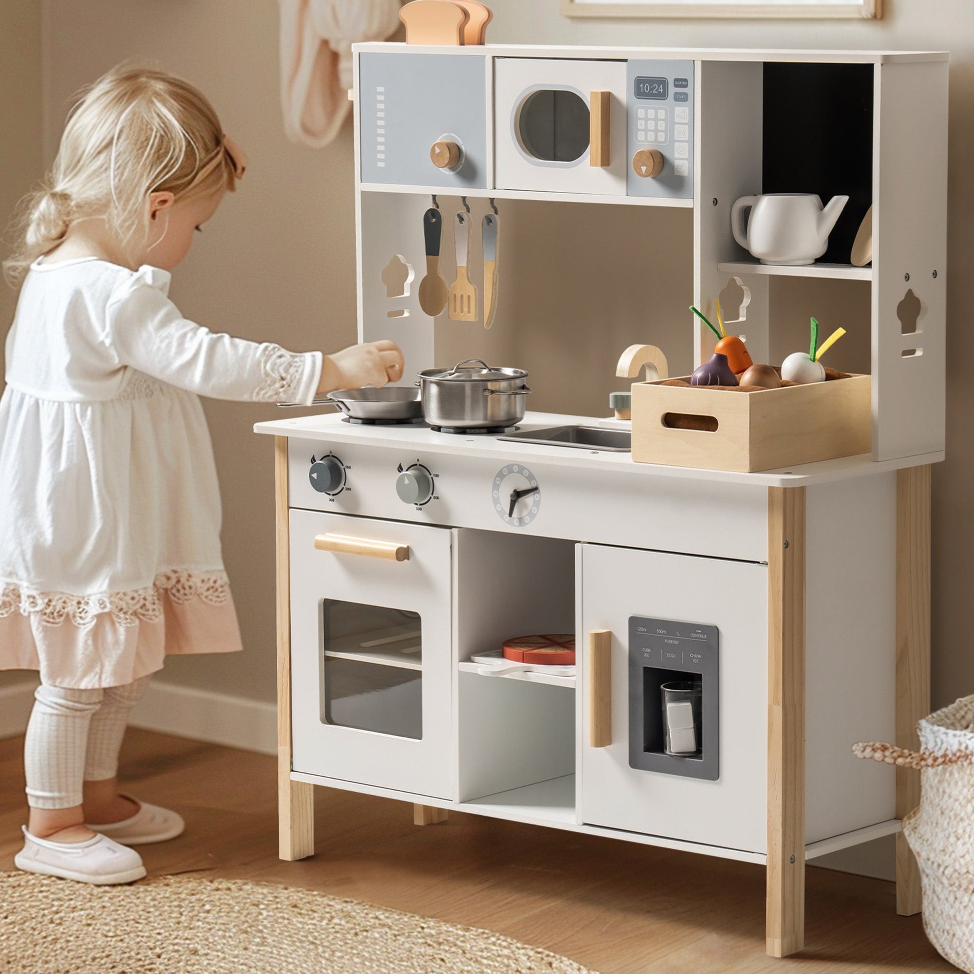 Wooden Kids Play Kitchen Set with Cuttable Fruits