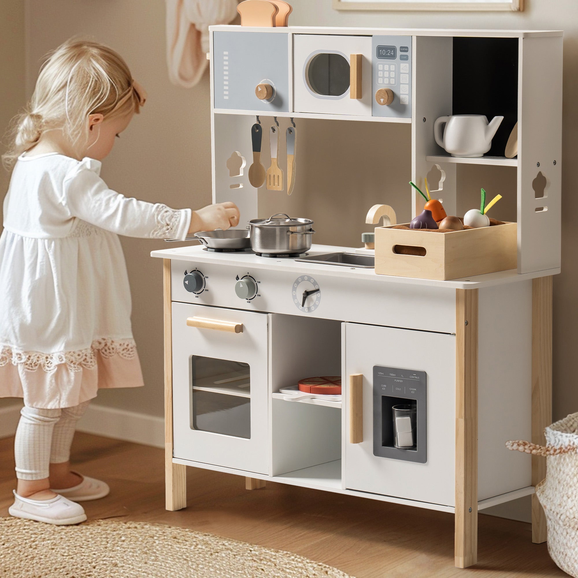 Wooden Kids Play Kitchen Set with Cuttable Fruits