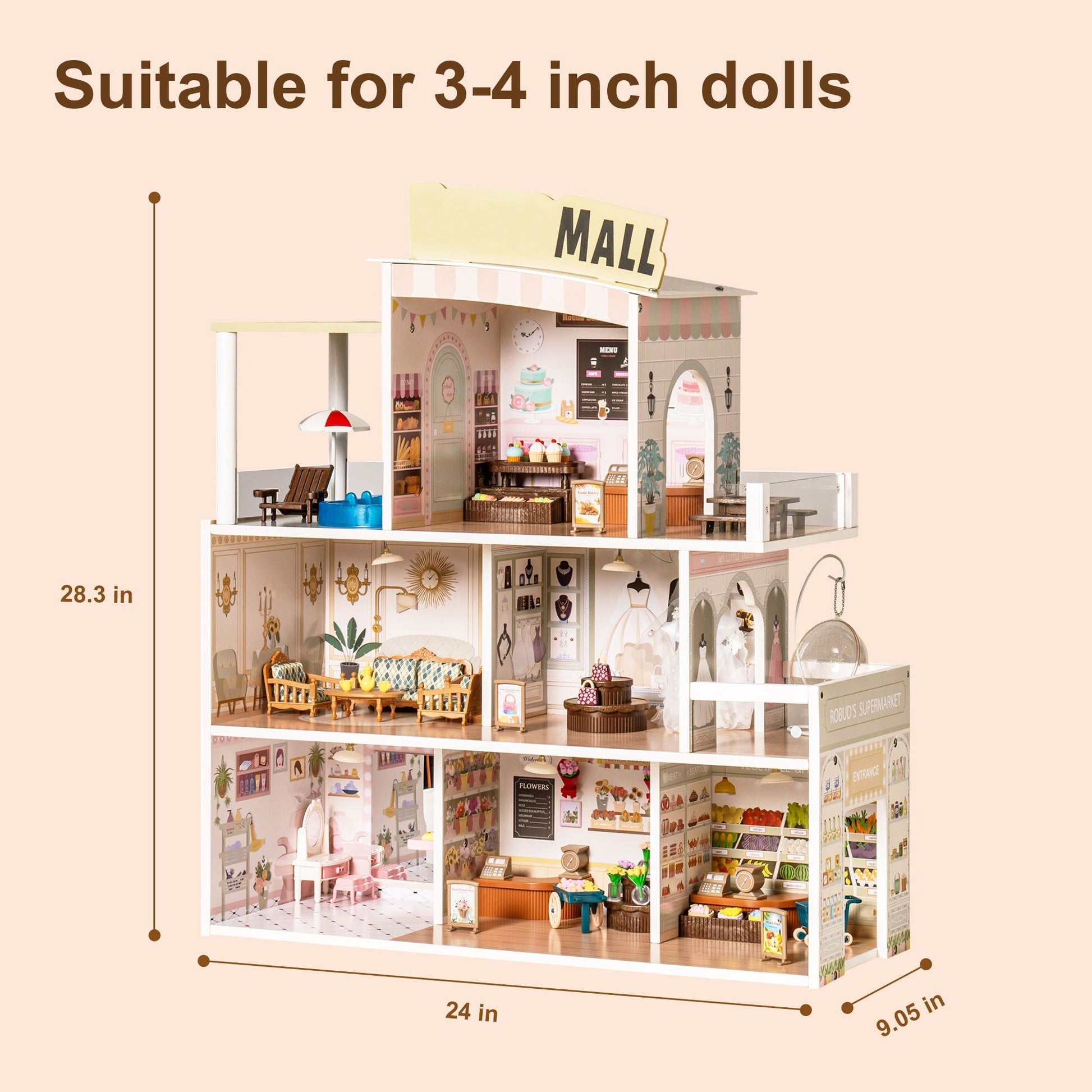 Wooden Shopping Mall Dollhouse for Kids